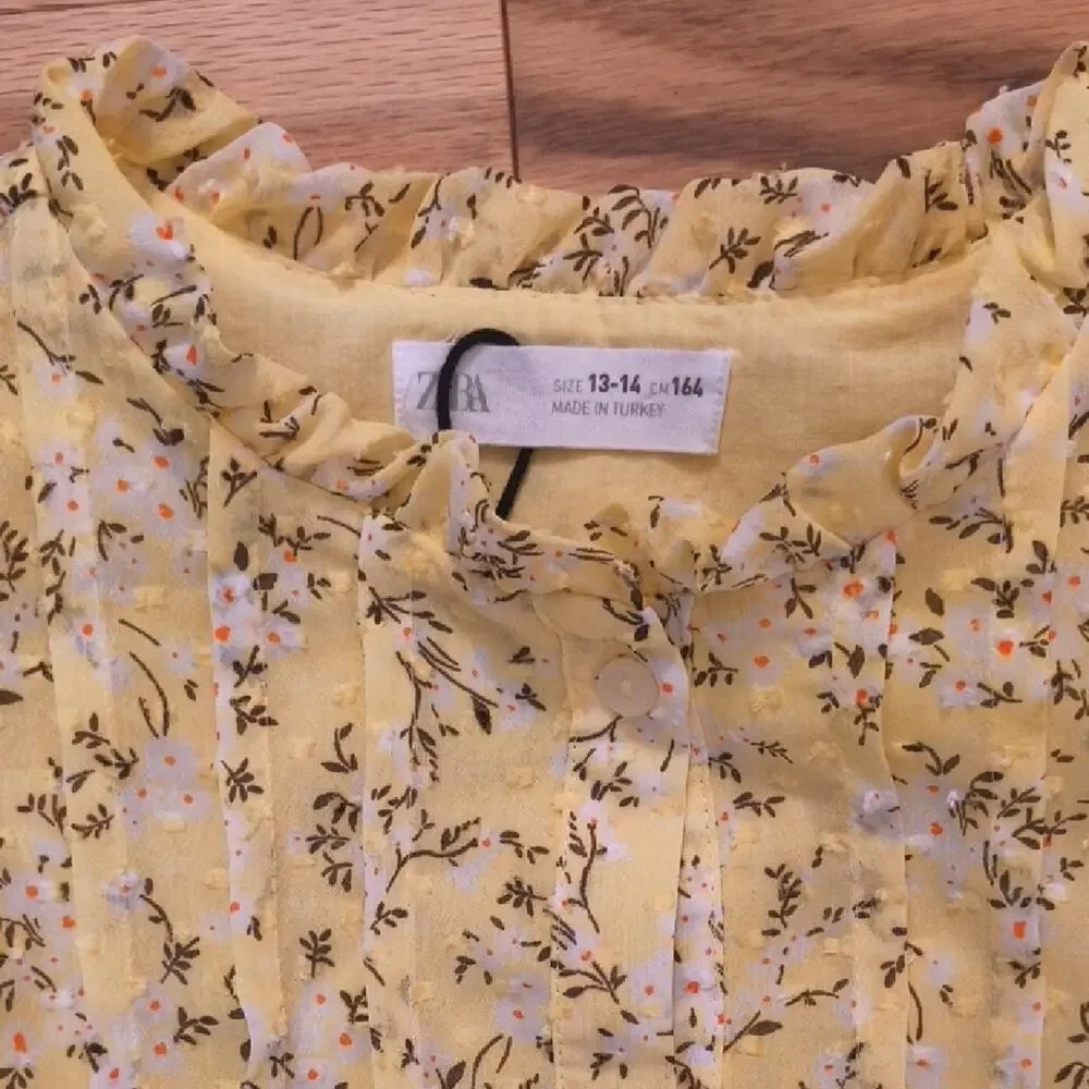 Zara, Button Front Ruffle Dress w/ White Flowers, Size 13/14 (EUC)
